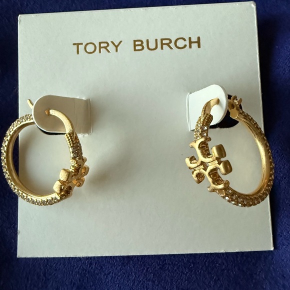 Tory Burch Jewelry - TORY BURCH Eleanor Pavé Crystal Gold Plated Hoop Earrings.